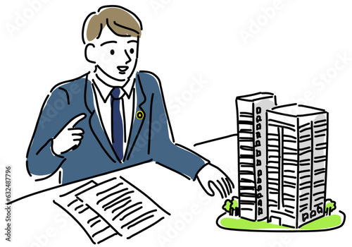 不動産について説明する弁護士のシンプル線画イラスト