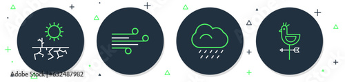 Set line Wind, Cloud with rain, Drought and Rooster weather vane icon. Vector
