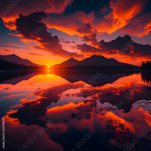 a beautiful sunset over a lake with mountains in the background  generative AI 