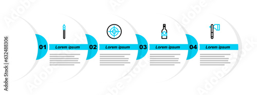 Set line Wooden axe, Bottle of vodka, Target sport and Medieval spear icon. Vector