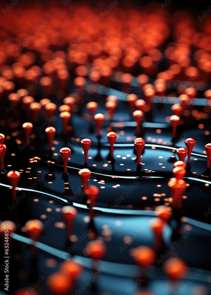 A bunch of red pins on a black surface. AI.