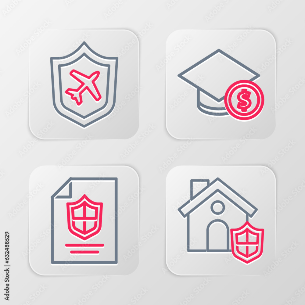 Set line House with shield, Contract, Graduation cap and coin and Plane icon. Vector