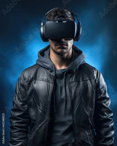 Gamer boy using a VR goggles, blue background, Generative AI