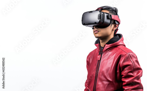 Young boy in red leather jacket using a vr goggles, isolated in a white background, Generative AI. © nilanka