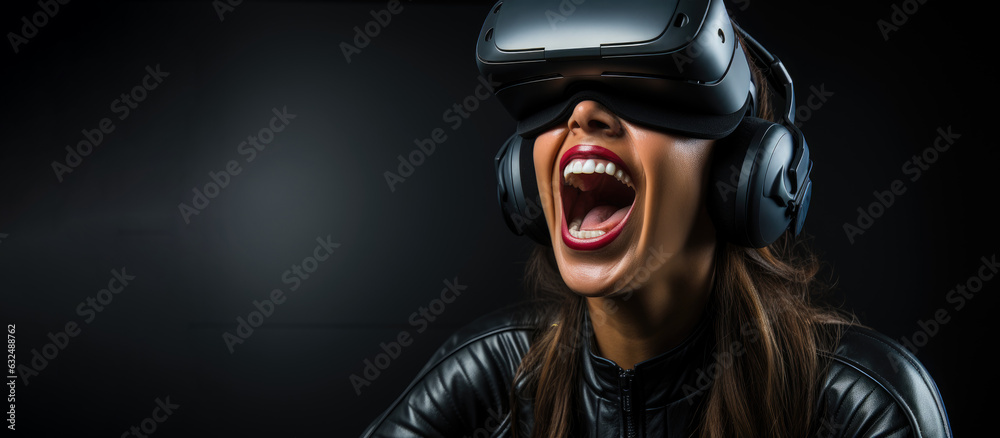 Excited gamer woman screaming while wearing a VR headset, black background, Generative AI.