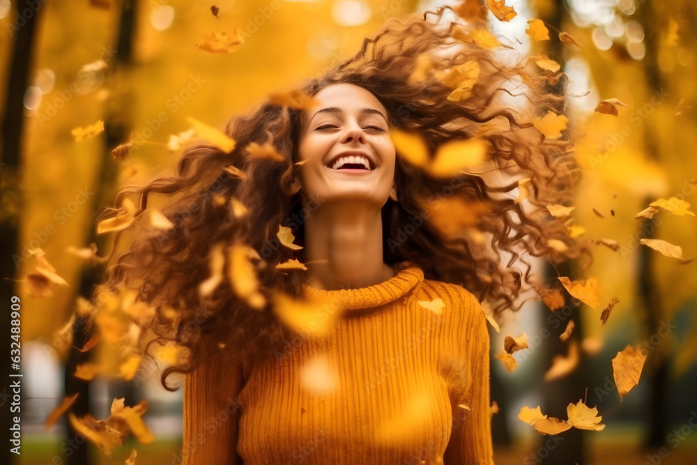 Autumn Joy: Woman's Playful Time Amidst Yellow Leaves in the Park