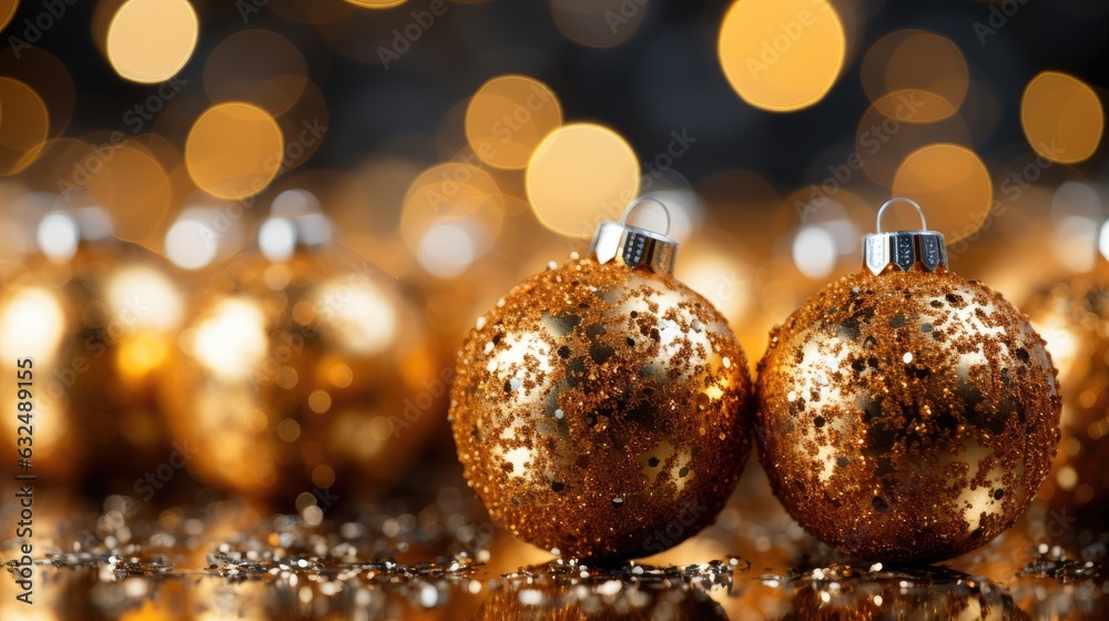 Fototapeta premium Golden Christmas baubles isolated, shiny Christmas tree decorations, ornaments, bulbs, globes, Generative AI.