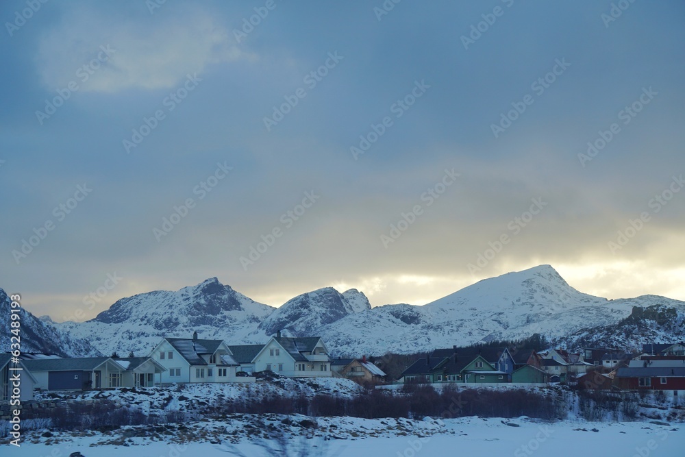 Obraz premium Snow mountain during winter season at Lofoten, Norway, Europe.