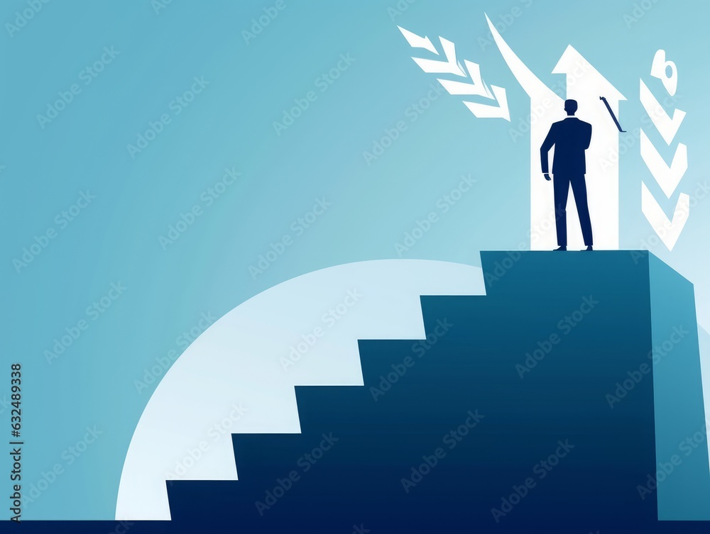 The career steps. Growth. Businessman watches an arrow sign with a staircase inside. Business  concept illustration, Generative AI