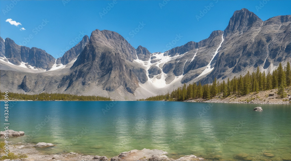 A lake with rocks and mountains in the background by Generative AI