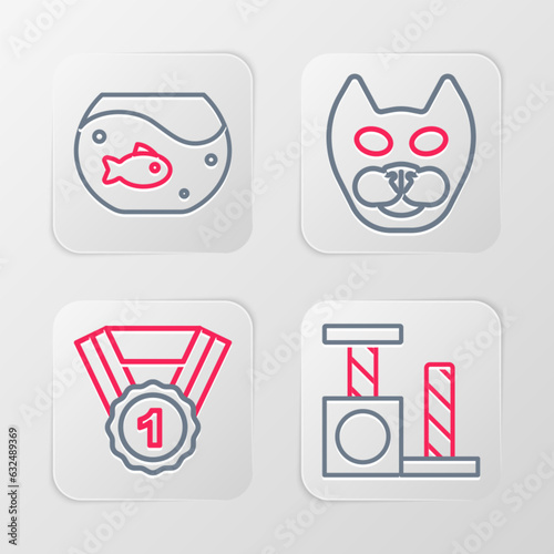 Set line Cat scratching post, Dog award symbol, and Aquarium with fish icon. Vector