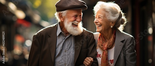 Portrait of a happy senior couple, laughing, traveling together, relationship goals concept, Generative AI.