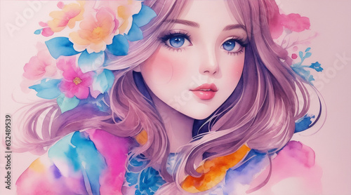A detailed illustration of a beautiful girl watercolor art in pop up style by Generative AI