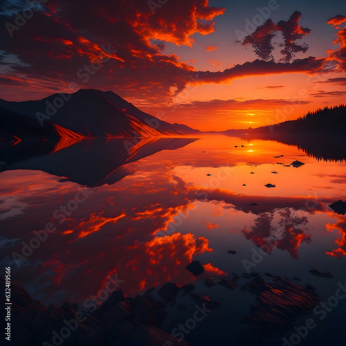 a beautiful sunset over a lake with mountains in the background, generative AI 