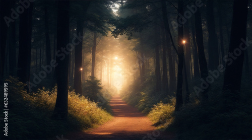 A forest with a path and a light in the sky by Generative AI