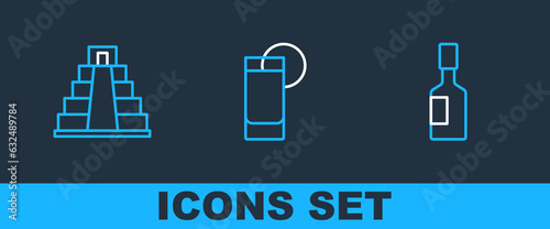 Set line Tabasco sauce, Chichen Itza in Mayan and Tequila glass with lemon icon. Vector