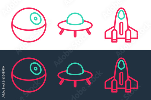 Set line Rocket ship, Planet and UFO flying spaceship icon. Vector