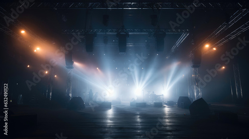 Concert Stage Scenery With Spotlights Colored Lights Smoke. Generative AI