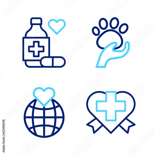 Set line Heart with cross, Hand holding Earth globe, Animal volunteer and Medicine bottle pills icon. Vector