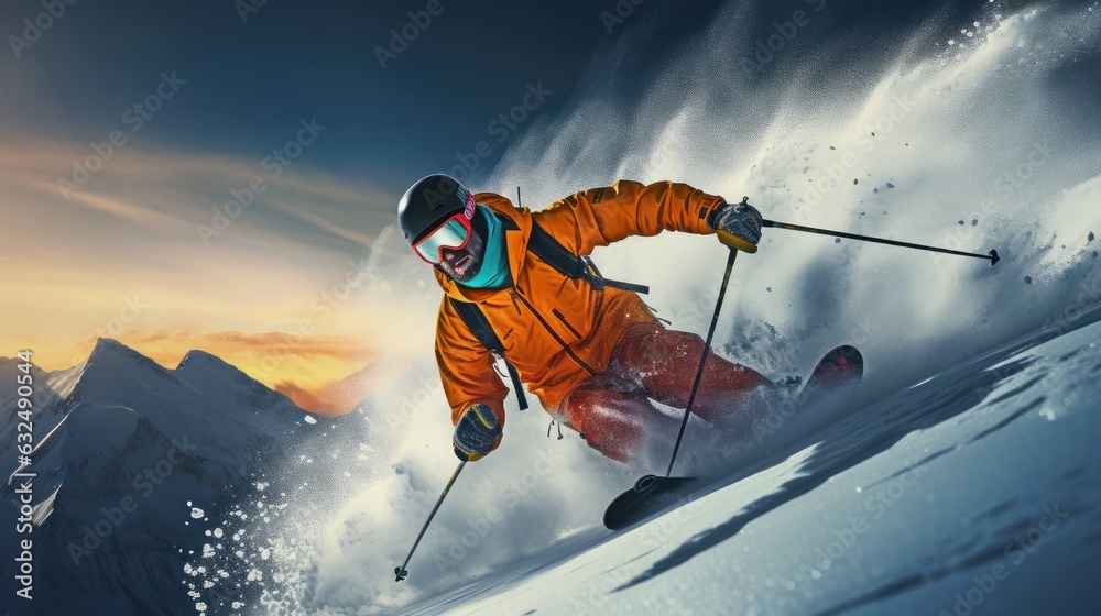 Skier Skiing on the Snow Mountain, Skiing Man Going Downhill, Extreme Winter sports. Generative Ai
