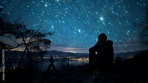 a person sitting on a hill looking at the stars in the sky