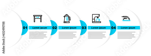 Set line Electric iron, Coffee machine, kettle and Furniture nightstand icon. Vector