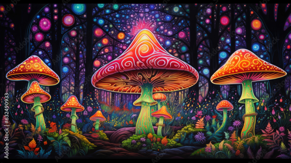 Bright colorful fantastic mushrooms in a forest clearing. Fantasy.