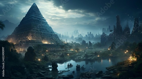 a large pyramid with a body of water in front of it