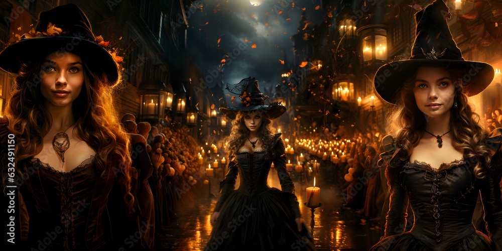 Charming Witch Woman Celebrating Halloween in October, Autumn Season with Black and Orange Colors. Charming Witch Woman Celebrating Halloween in October, Autumn Season with Black and Orange Colors.