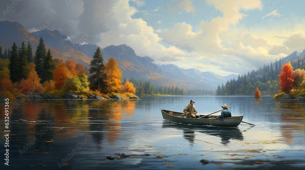a couple people rowing a boat on a lake