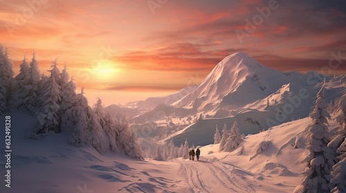 a couple people walking on a snowy mountain