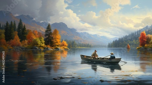 a couple people rowing a boat on a lake