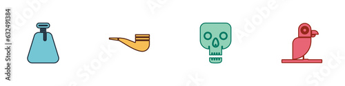 Set Pirate sack, Smoking pipe, Skull and parrot icon. Vector