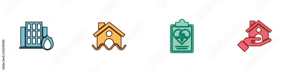 Set Fire in burning house, House flood, Health insurance and icon. Vector Set Fire in burning house, House flood, Health insurance and icon. Vector