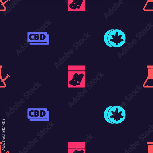 Set Herbal ecstasy tablets, Cannabis molecule, Plastic bag of cannabis and Glass bong for smoking on seamless pattern. Vector