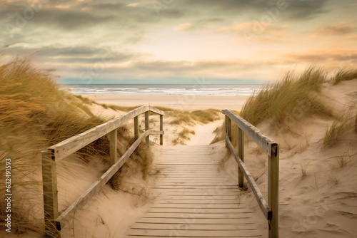 A path to the beach with old wooden fences and sand dunes