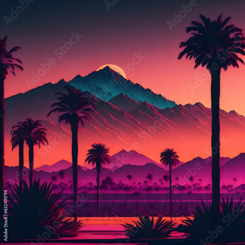 serene sunset, palm trees, mountains, and nature in captivating tropical landscape., generative AI