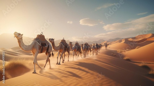 a group of camels walking in the desert photo
