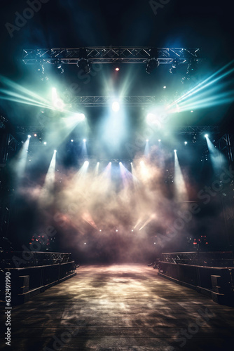 Concert Stage Scenery With Spotlights Colored Lights Smoke. Generative AI