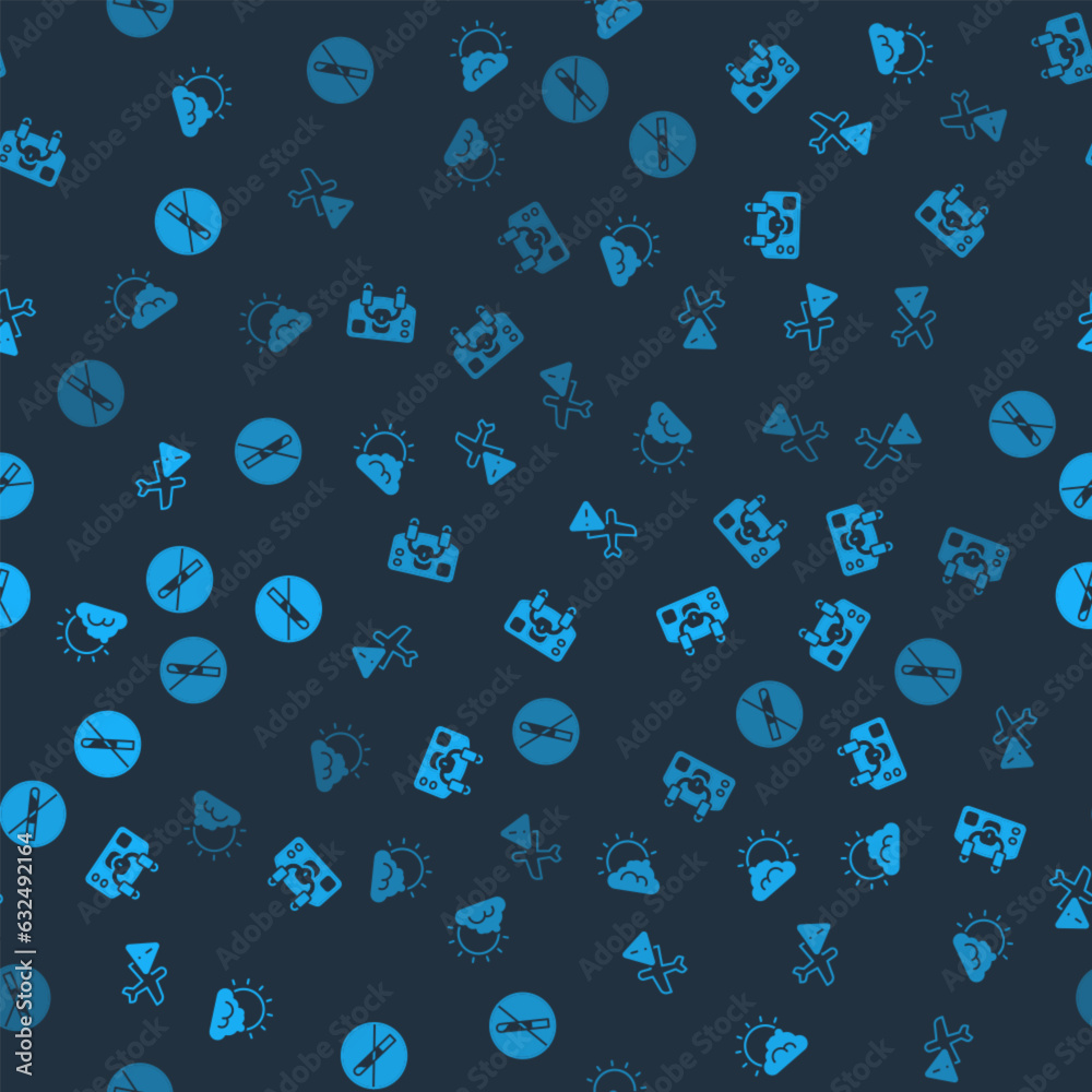 Set Sun and cloud weather, Aircraft steering helm, Warning aircraft and No Smoking on seamless pattern. Vector Set Sun and cloud weather, Aircraft steering helm, Warning aircraft and No Smoking on seamless pattern. Vector