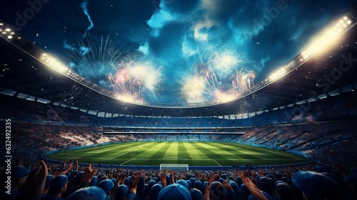 a stadium with a field and fireworks in the sky