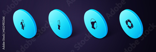 Set Isometric Lifebuoy, Diving hood, knife and Wetsuit for scuba diving icon. Vector