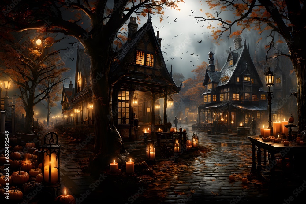 Medieval Townscape on Halloween Night in October, Autumn Season with Black, Orange, and Eerie Glow.