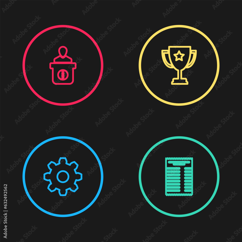 Set line Cogwheel gear settings, Paper or financial check, Trophy cup and Information desk icon. Vector