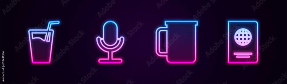 Set line Glass with water, Microphone, Coffee cup and Passport. Glowing neon icon. Vector Set line Glass with water, Microphone, Coffee cup and Passport. Glowing neon icon. Vector