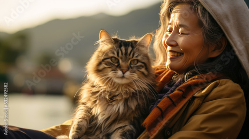 cat with runshine in the morning. senior asian woman travelling with flufy cat,  asia lake view background.