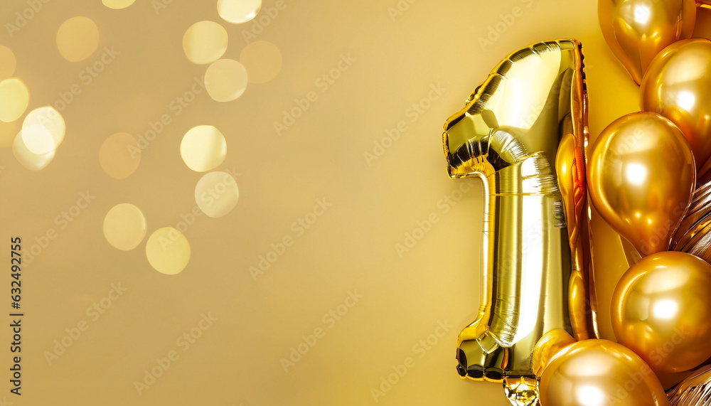 Banner with number 1 golden balloons with copy space. One years anniversary celebration concept on a yellow background with shiny bokeh. - obrazy, fototapety, plakaty 