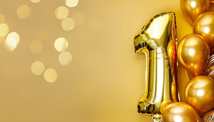 Banner with number 1 golden balloons with copy space. One years anniversary celebration concept on a yellow background with shiny bokeh.