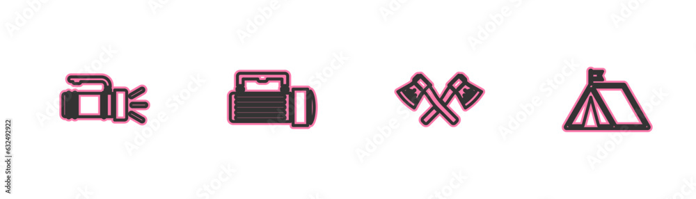 Set line Flashlight, Crossed wooden axe, and Tourist tent with flag icon. Vector Set line Flashlight, Crossed wooden axe, and Tourist tent with flag icon. Vector
