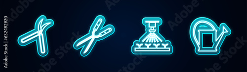 Set line Gardening handmade scissor, , Automatic irrigation sprinklers and Watering can. Glowing neon icon. Vector